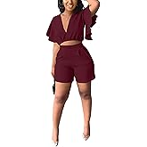 Fooullaide Womens Summer 2 Piece Outfit Set Crop Top Butterfly Sleeve Short Set Sexy Beach Vacation 2pc Sets