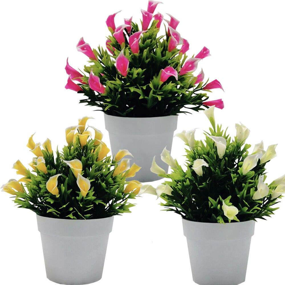 3 Pack Multi Colour Artificial Calla Lily - Realistic Faux Floral Arrangements in White Moss Pot, Low Maintenance Indoor Decorative Potted Plants for Wedding Bridal Shower Home Office Desktop Decor