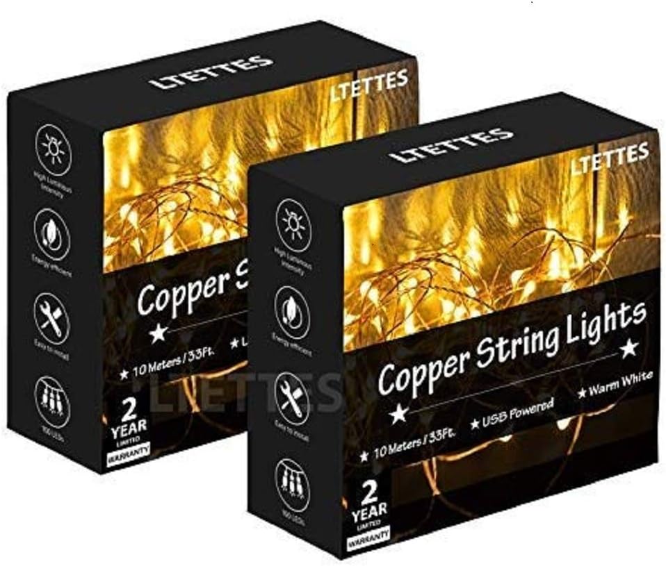 LTETTES 10 Meters 100 LED Copper String Lights IP65 Waterproof 5V USB Powered Warm White Decorative Copper Wire Fairy Lights for Outdoor Indoor Decoration [Durable Quality with 3 Copper Wire Strands, 2 Years Warranty*]