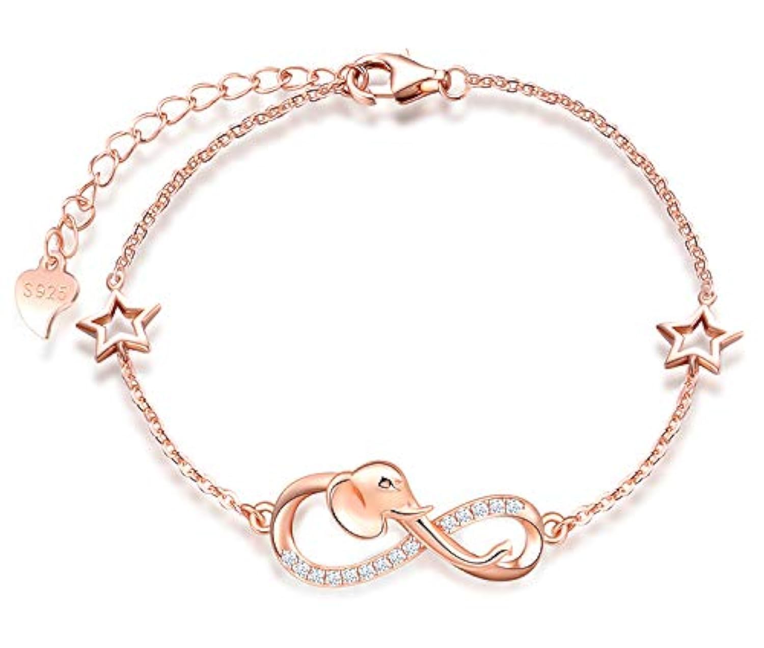 MicLee Woman's girl's Bracelet, 925 Sterling Silver bracelet, Elephant and infinity symbol bracelet, with mini hollow star, Inlaid zircon, adjustable chain, design of animal bracelet