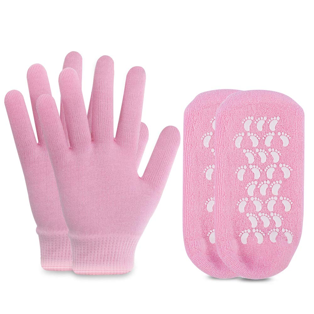 Moisturizing Socks and Gloves Set Soft Cotton with Thermoplastic Gel Repair and Heal Eczema Cracked Dry Skin, Gel Lining Infused with Essential Oils and Vitamins, Large Size for Women and Men -Pink : Beauty