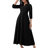 FANDEE Maxi Dress for Women Casual 3/4 Sleeve V Neck Semi Formal Fit and Flare Dress Classy High Waist Wedding Guest Dresses