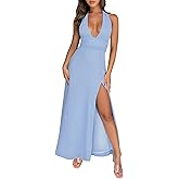 Women's Sexy V Neck Halter Maxi Dress Ruched Waist Tie Backless Summer Flowy Slit Wedding Cocktail Party Long Dresses
