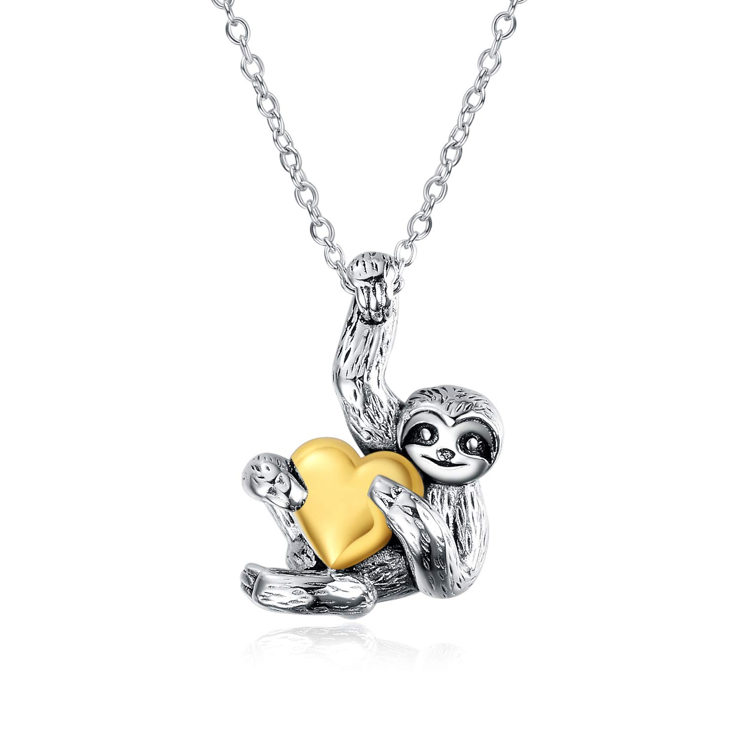 VONALA Sterling Silver Sloth Pendant Necklace Inspired Animal Jewellery for Women Girls (Vintage with Gold Heart)