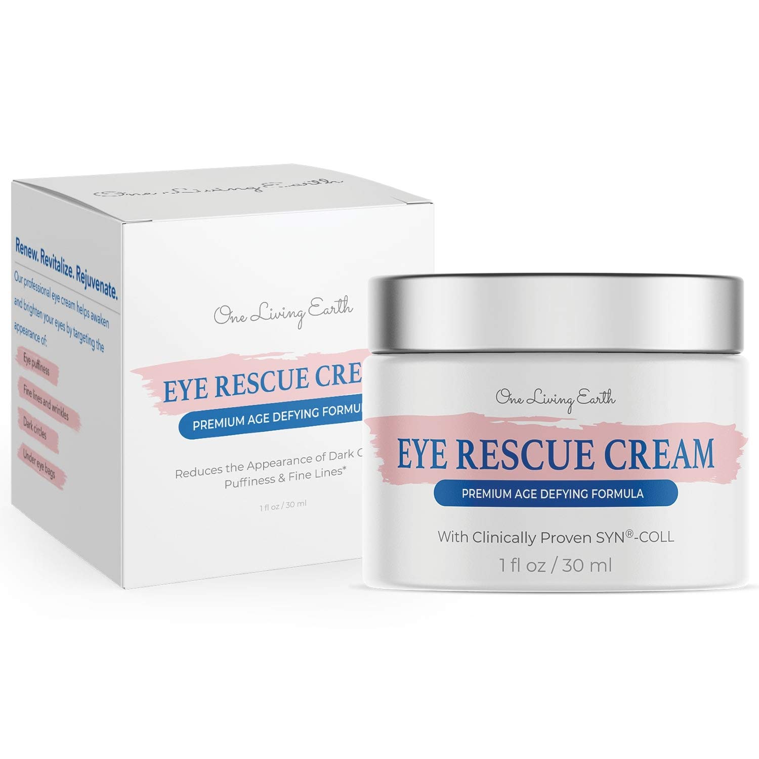 One Living Earth Eye Rescue Cream - Clinically Proven SYN-COLL Collagen-Stimulating Peptide - Anti Aging Formula for Wrinkles, Dark Circles, Fine Lines, Under Eye Bags & Puffiness: Beauty