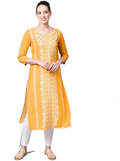 Women's Crepe Straight Kurta (VPK1785_XL_Yellow_X-Large)