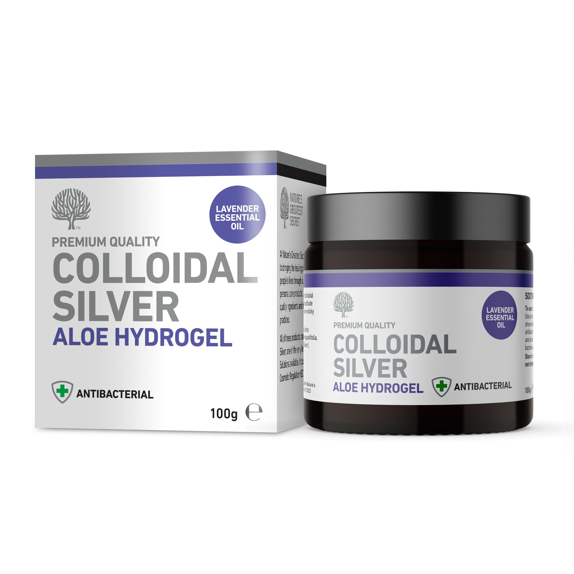 Nature's Greatest Secret Antibacterial Soothing & Hydrating Aloe Vera Hydrogel with Lavender Essential Oil and 98% Premium Quality Colloidal Silver 100g