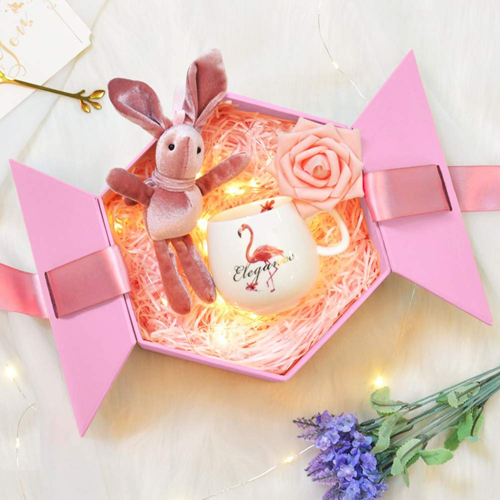 Johouse Gift Box, 7 inches Large Pink Gift Box, with Cover Ribbon and Lafite for Wedding, Christmas Gifts, Valentines Day