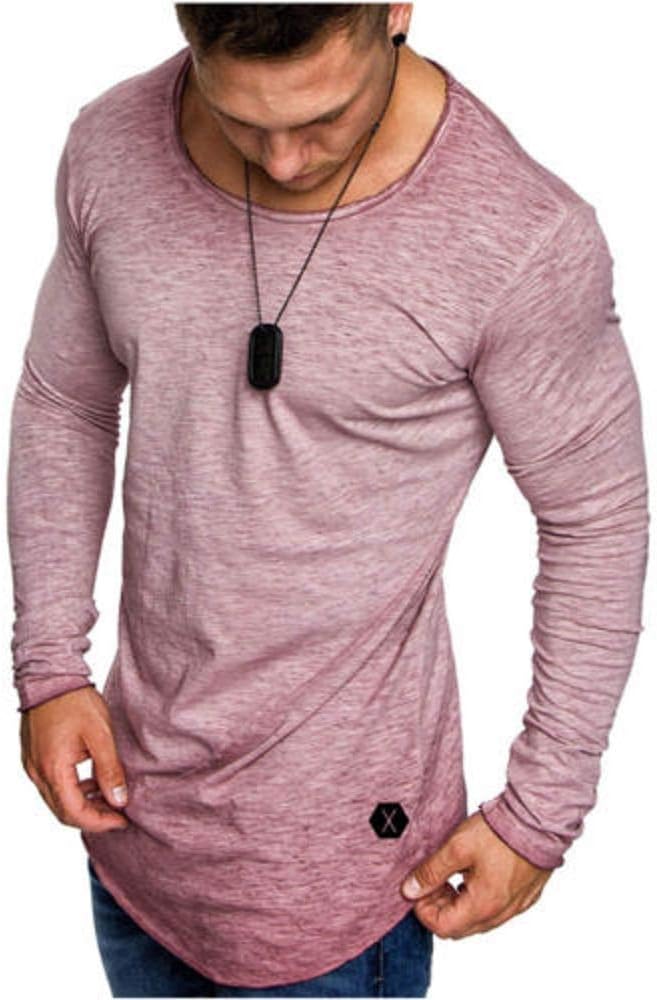 Koloyooya Mens Round Neck Gradient Long Sleeve T-Shirt Sports Gym Muscle Slim Top
