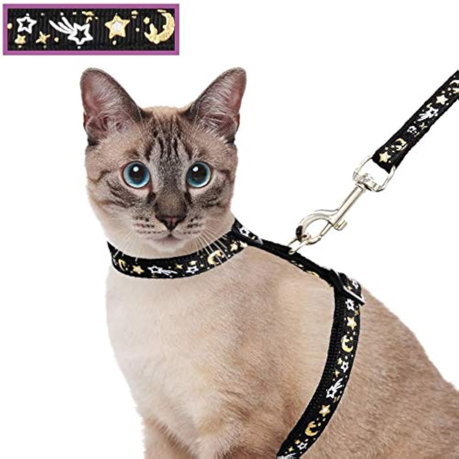 Cat Harness and Leash Set for Outdoor Walking Escape Proof Adjustable Soft Safety Strap with Golden Star and Moon Design Glow in The Dark Black