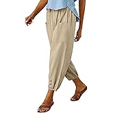WROLEM Womens High Waist Pants Drawstring Wide Leg Cropped Casual Loose Capris with Pockets for Women