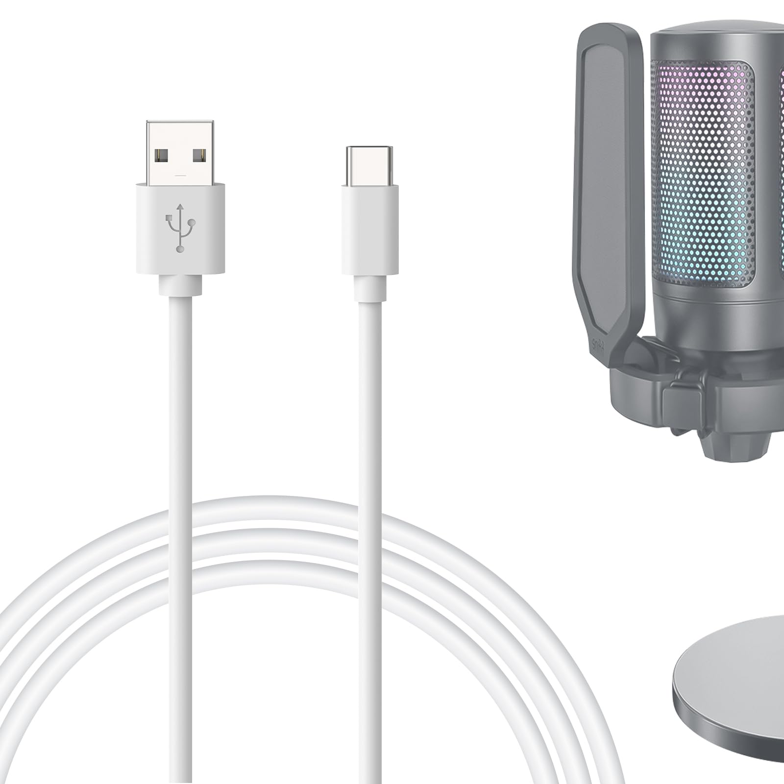 GEEKRIA for Creators USB A to Type C Microphone Cable 10 ft / 3 M, Compatible with FIFINE AmpliGame A6, HyperX QuadCast S, SoloCast, Logitech G Yeti GX, TONOR TC30 Mic Cord (White)