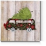 Renditions Gallery Retro Christmas Bus Wall Art, Winter Artwork, Festive Wrapping Paper Design, Green Holly, Premium Gallery 