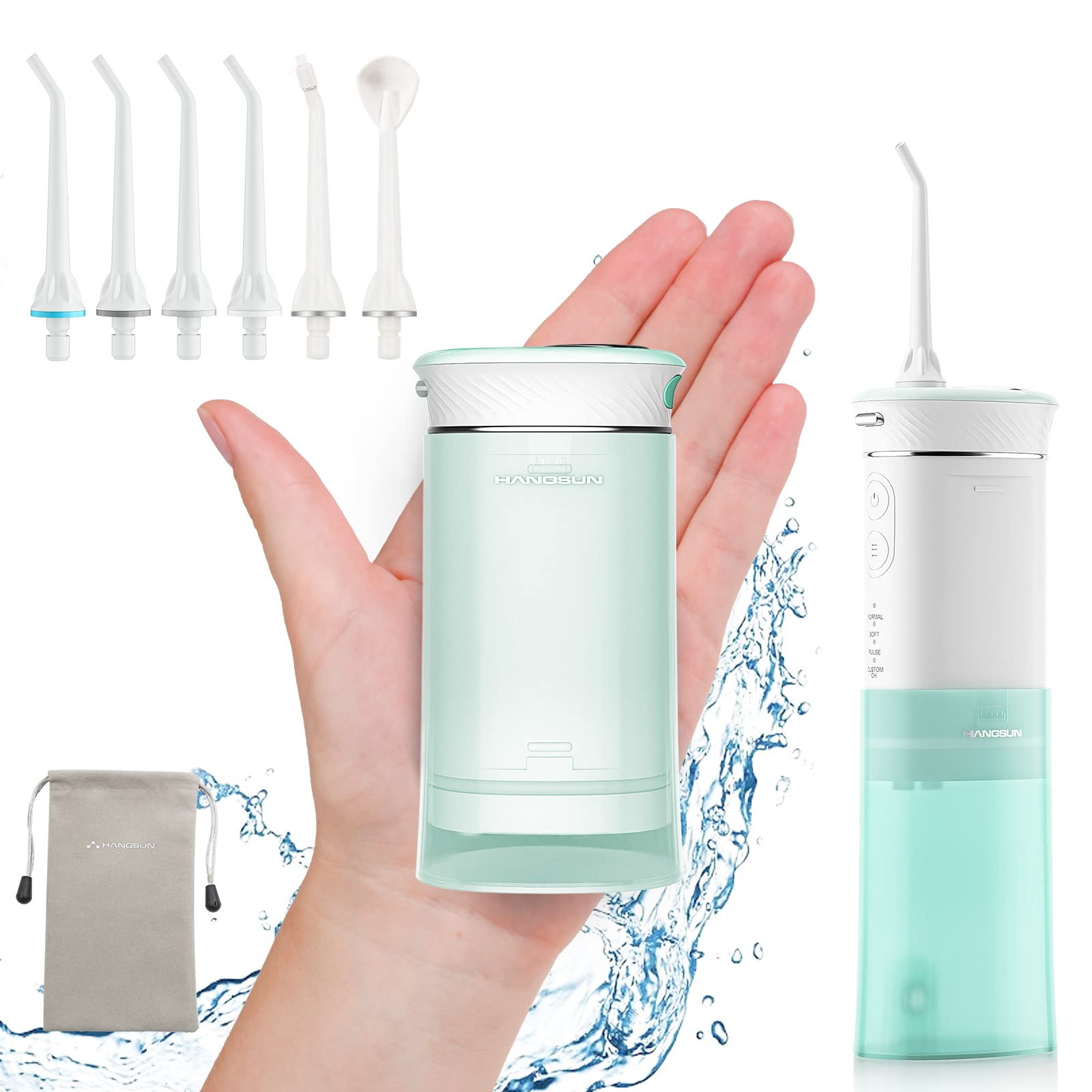 Hangsun Water Flosser Cordless Oral Irrigator Portable Water Pick Teeth Cleaner HOC600 IPX7 Waterproof Electric Dental Flossers with DIY Modes 6 Jet Tips for Braces Care Travel and Home Use Green