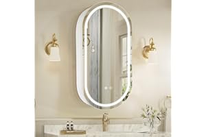 White LED Oval Medicine Cabinet, Surface Mounted 35 x 20 Inch Bathroom Mirror Cabinet with Lights 3 Colors, Brightness Adjust