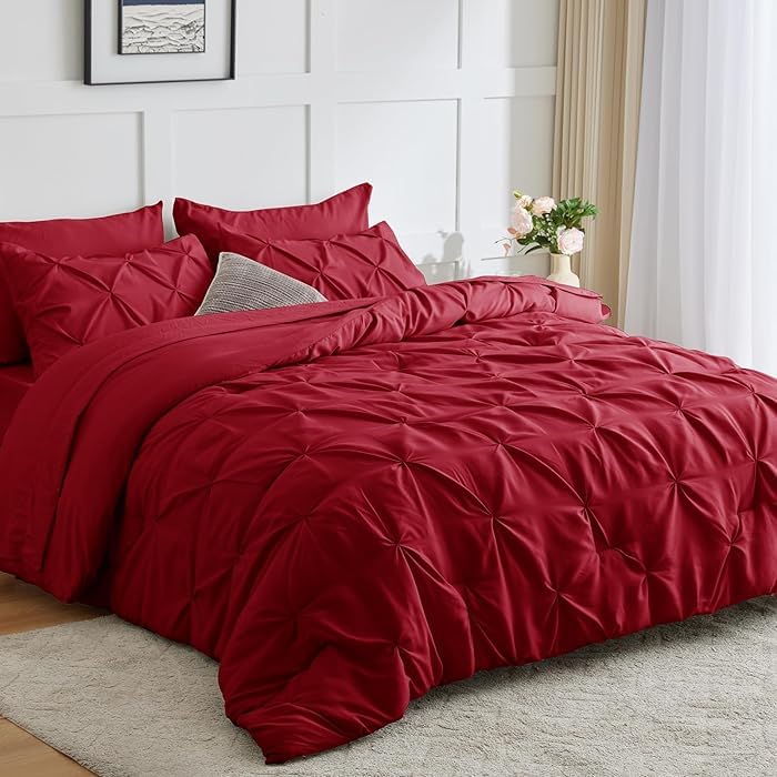 Comfort Collections Luxury Alford Alexander Pin Tuck Pinch Pleat Duvet Quilt Cover Reversible Diamond Bedding Set With Matching Pillowcases Red Double 200cm x 200cm Approximate