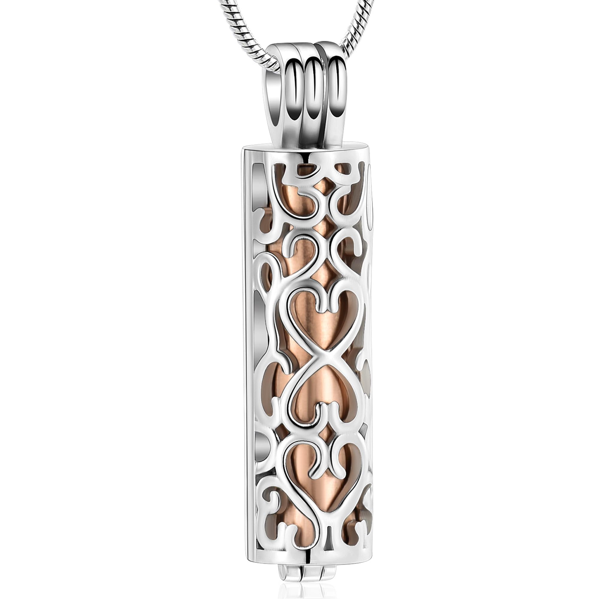 VCCWYQK Hollow Cylinder Urn Necklace for Ashes for Women Men Cremation Jewelry Keepsake Memorial Human Pet Ashes Pendant (Silver+Rose Gold)