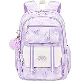 quvup Girl backpack,Kids Backpack for Girl Kawaii Lightweight School Backpack Anti-theft Back Pocket Print Flowers Elementary Bookbag (Purple)