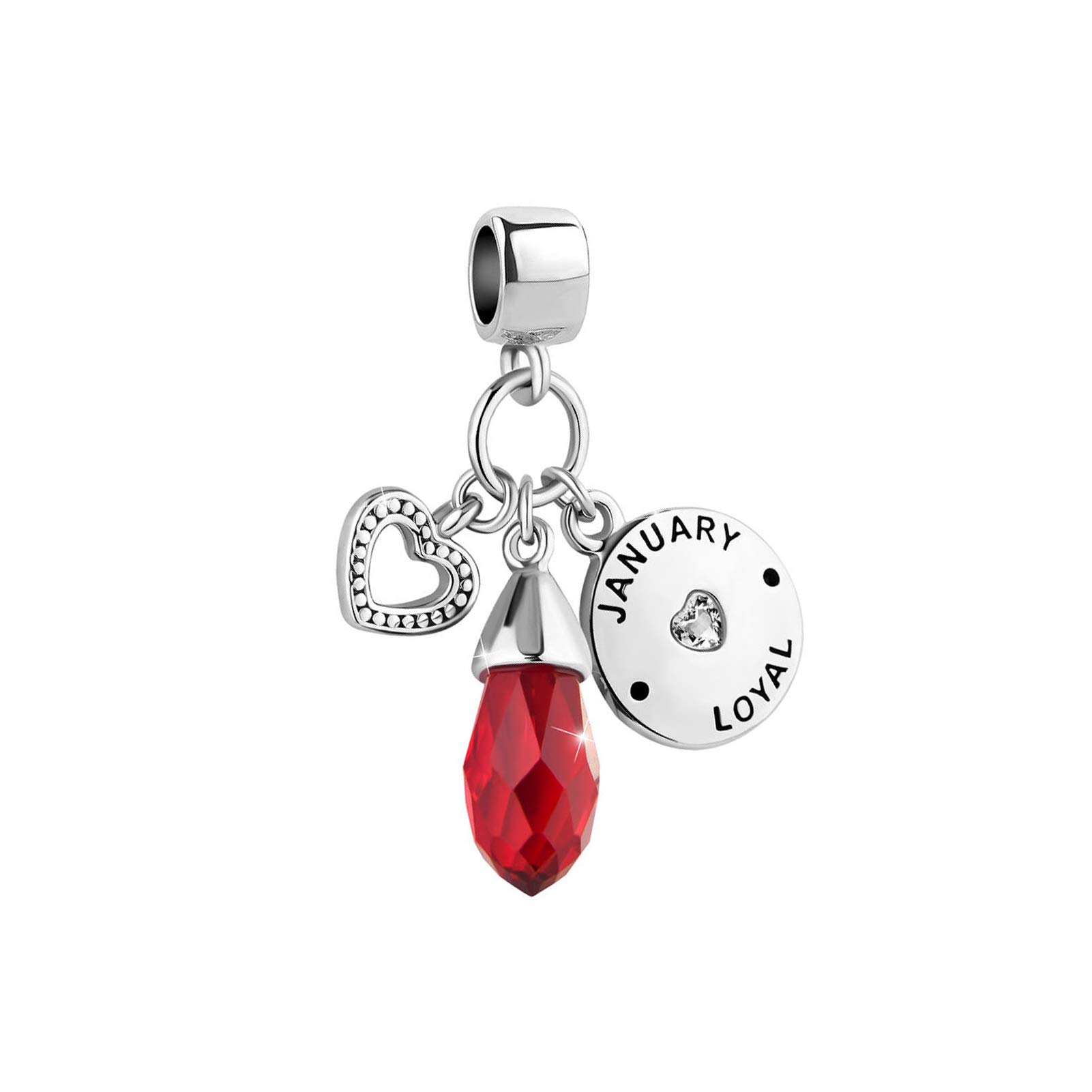 SBI Jewelry Heart Love Red Birthstone January Birthday Dangle Charm Compatible with Pandora Charm Bracelet Birthday Jewellery Gift