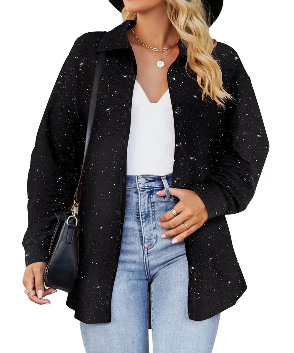 Photo 1 of CARCOS Womens Plus Size Glitter Shirts Basic Button Down Tops Long Sleeve Collared Blouses Black Shiny Club Tops Lightweight Casual Winter Shirts XL 14W 16W