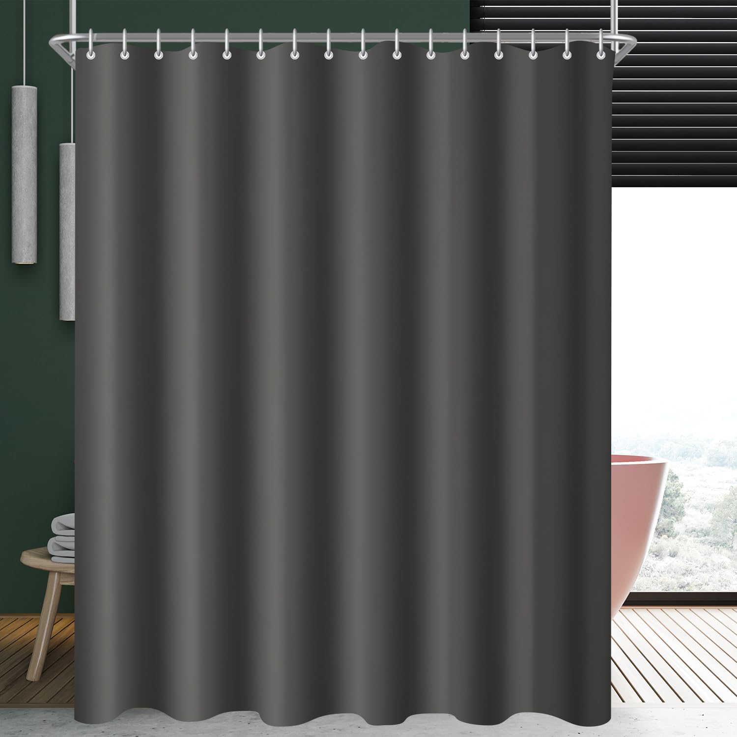 Lerores Shower Curtain, 280 x 200 cm, Dark Grey, Weighted Hem, Anti-Mould Textile, Water-Repellent, Washable Polyester Fabric Bath Curtains for Bathroom, Bathtub with 16 Shower Curtain Rings — image 1