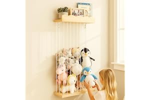 Sunifier Adjustable Stuffed Animal Storage with Shelf (Patented) - Large Wooden Hanging Plush Toy Organizer - Corner Stuffy Animals Hammock Net Holder for Kids Room, Nursery, Bedroom