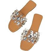 Verdusa Women's Rhinestone Clear Flat Sandals Square Toe Slide Sandals