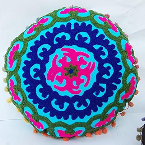 Amazon Handicraftofpinkcity 2個コットンsuzani装飾ラウンドクッションカバー刺繍ウズベキスタンスタイル手作り枕 カバーオットマンカバーwith Pom Pom Indianラウンドクッションpuffeカバー 枕 抱き枕 オンライン通販