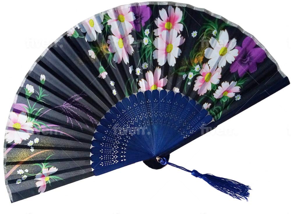 Black Background with Mum Floral Patterned Hand Fans Come With Fan Bag, Vintage Silk and Japanese Lace Designs with Bamboo Frames, Handheld Folding Fans Perfect for Weddings, Parties and Church Events