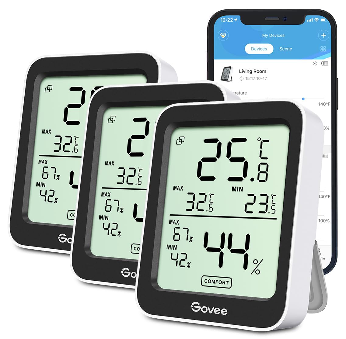 Govee Room Thermometer Hygrometer, Bluetooth Digital Indoor Humidity Meter with Smart Alert and Data Storage, Temperature Monitor for Baby Greenhouse (3Pack)