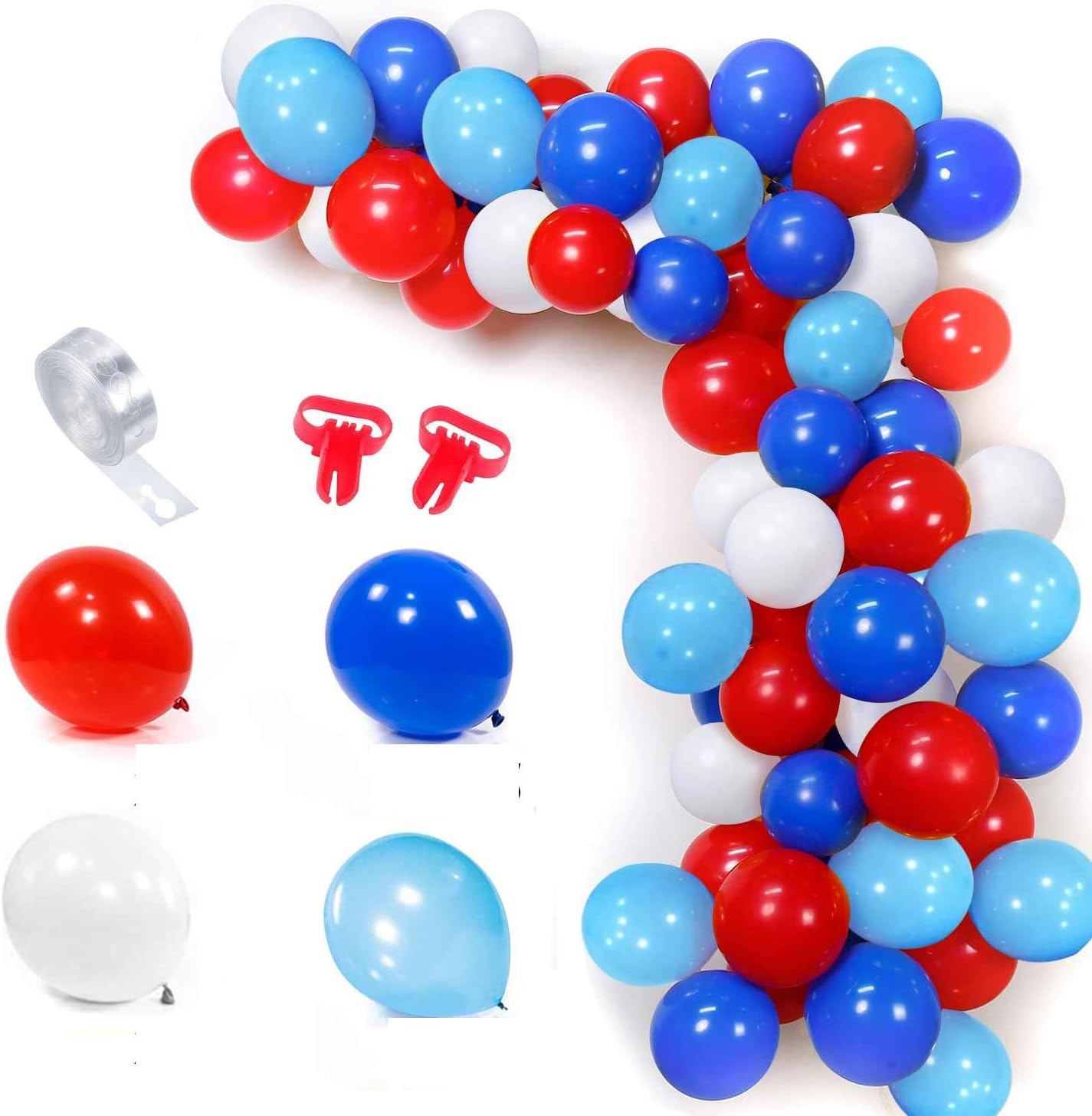 mmtx red white blue light blue balloon garland kit 100 balloons arch set with 16ft balloon stripe tape kit 2 pieces tool for birthday graduations