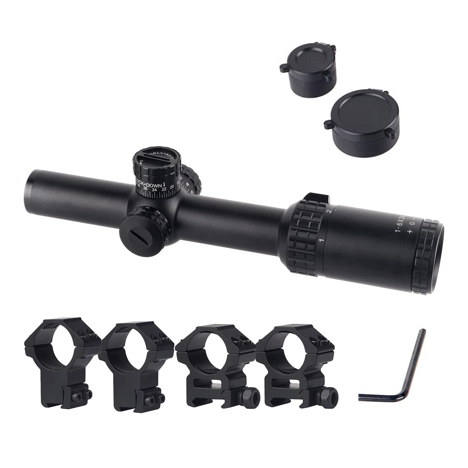 FOCUHUNTER 1-6X24E Optic Illuminated Red with Weaver/Picatinny Rail Mounts for Outdoor Sports