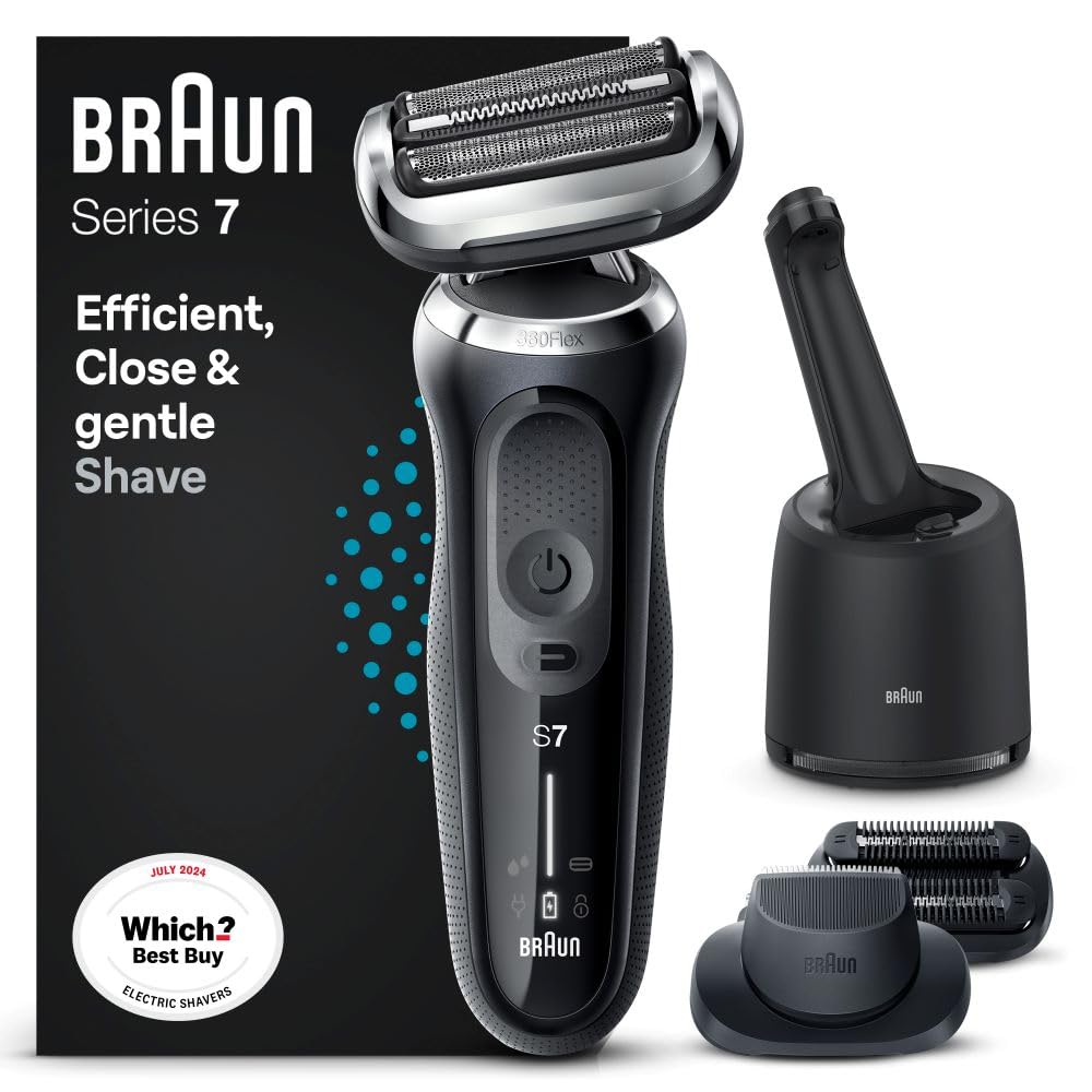 Braun Series 7 70-B7850cc Electric Shaver for Men with EasyClick Beard Trimmer and Stubble Beard Trimmer Attachments, SmartCare Center, 360 degree Flex,Wet & Dry, Rechargeable,Cordless Foil Razor,Blue