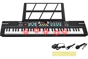 24HOCL 61 Keys Keyboard Piano Lighted Keys, Kids Piano Keyboard with UL Adapter, Stand, Built-In Speaker, Mic, Portable Electronic Keyboard for Boys, Girls, Beginners Birthday Holidays Best Gifts