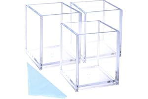 OUSKR Acrylic Pen Holder, 3 Pcs Clear Pencil Holders for Desk, Makeup Brush Holder Cup Organizer, Stationery Storage Desktop Accessories for Office School Supplies (with Cleaning Cloth)
