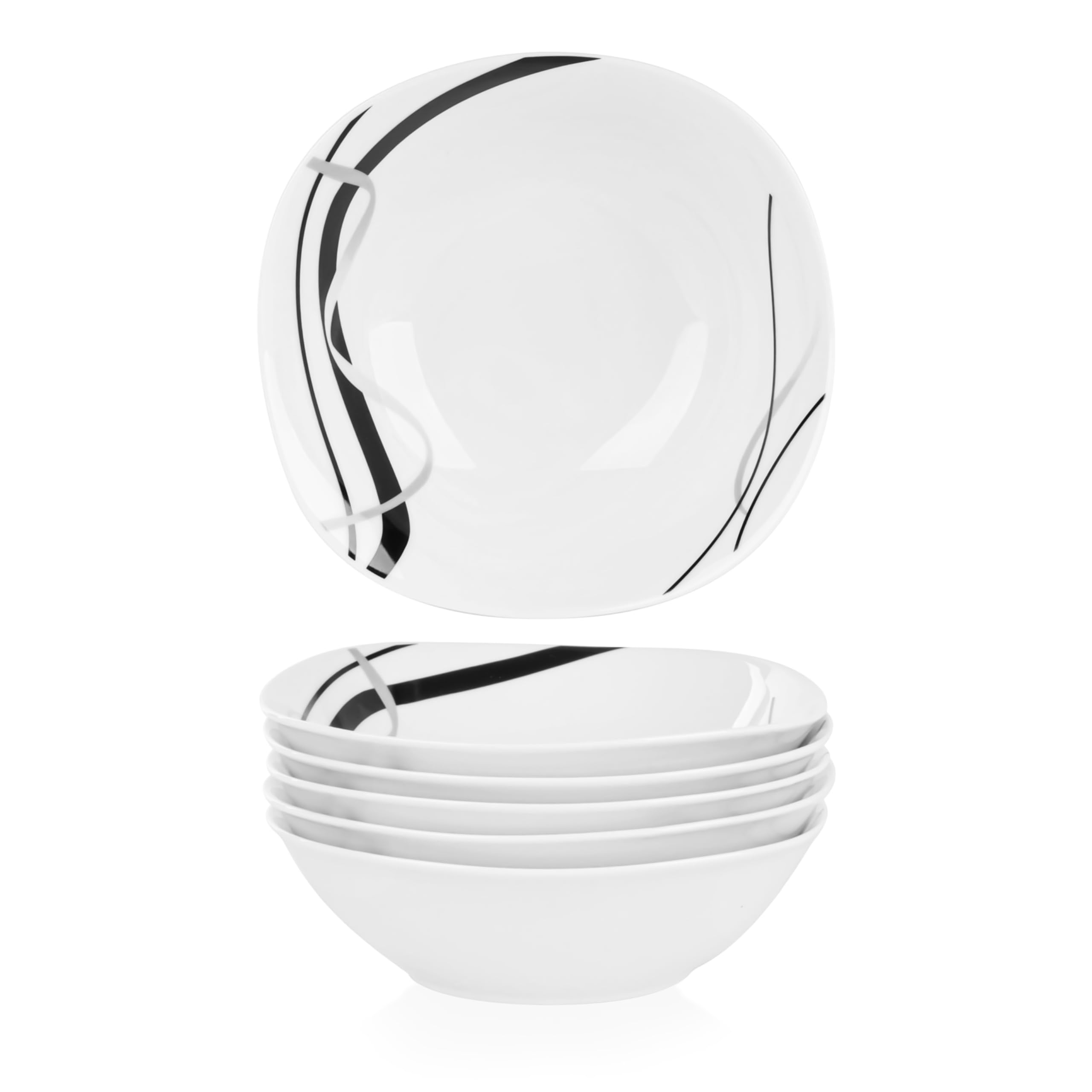 VEWEET 'Fiona' 6-Piece Cereal Bowls 6.7" Ivory White Porcelain Black Lines Round Bowls Set Cereal Breakfast Bowls 440ml for Pasta, Salad, Cereal, Soup