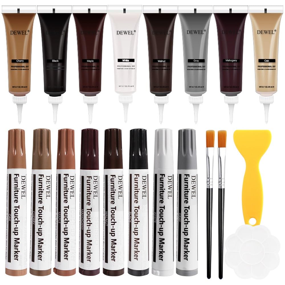 DEWEL Wood Furniture Repair Kit, 8 Colors Wood Fillers and Touch Up Markers, Upgrade Wood Repair Kit, for Scratches, Cracks, Wooden Door, Floor, Table, Cabinet, Laminate
