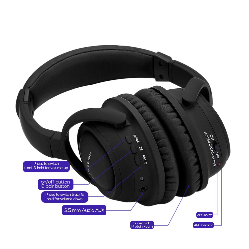 PowerLocus Wireless Active Noise Cancelling Bluetooth Over-Ear Stereo Headphones, Wired Headsets with Built-in Microphone and Volume control for iPhone, Samsung, LG, iPad