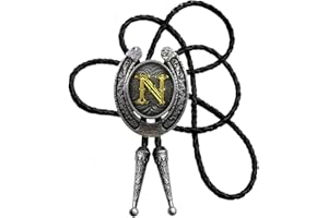 Moranse Bolo Tie Golden Initial Letter A to Z In Western Cowboy Horseshoe Style with Cowhide Rope Necktie