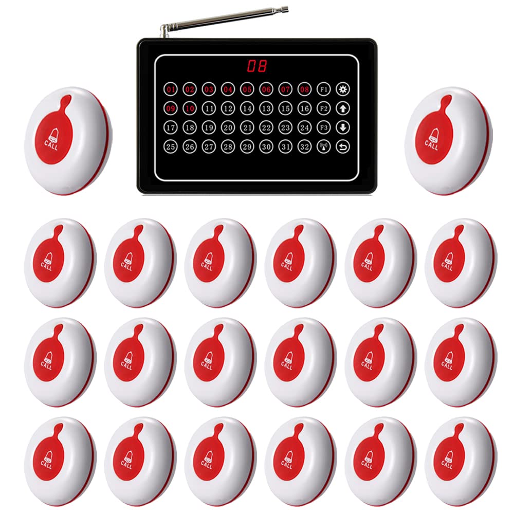 CYSSJF Wireless waiter Calling System, Nurse Call System Restaurant Calling System Caregiver Pager Nurses Call Bell for Restaurant Clinic Nursing Home Hospital 1 Receiver 20 Waterproof Call Buttons