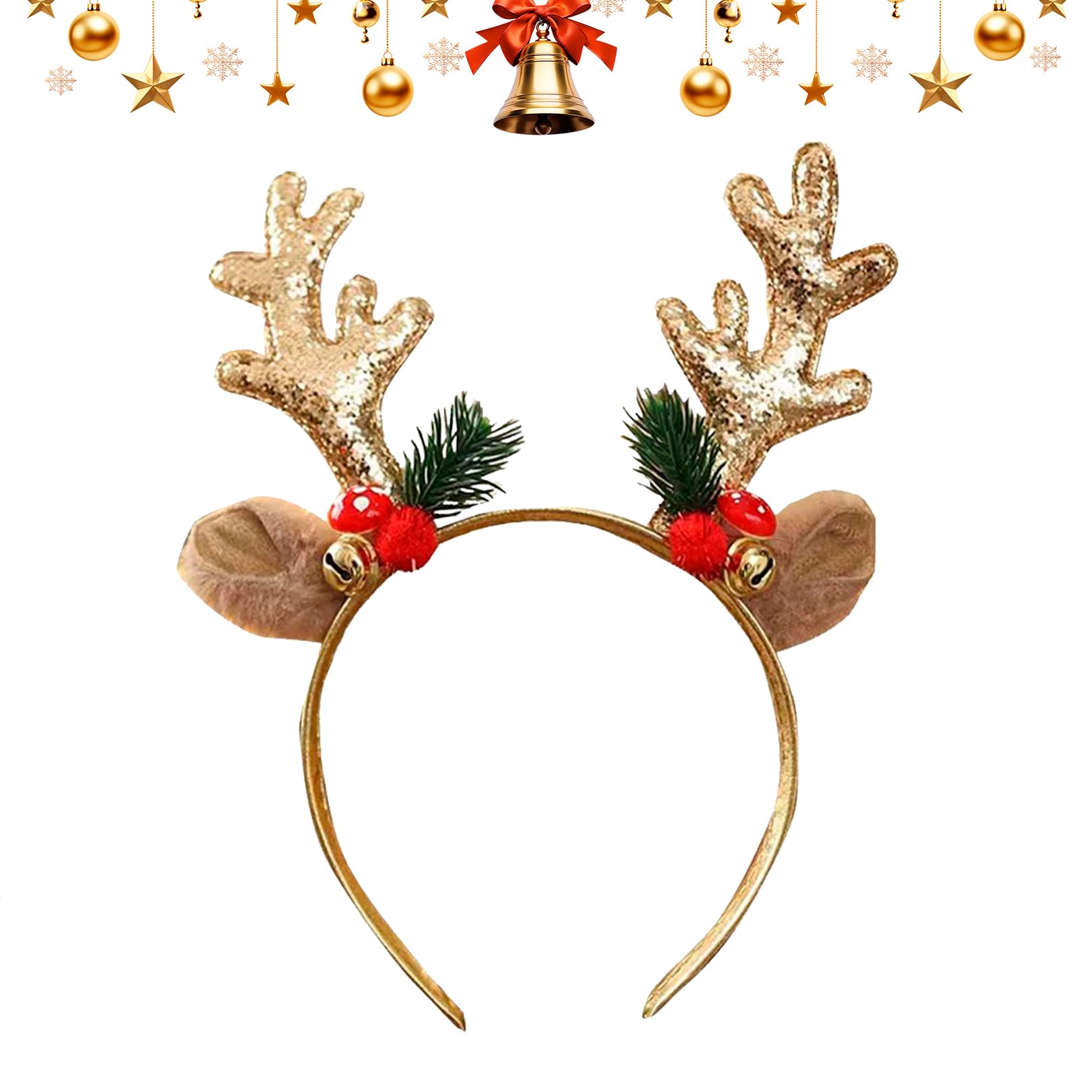 Christmas Headbands for Adults,Gold Xmas Headband Accessories Women Sparkly Reindeer Hairband Head Hair Bands Gifts Sparkly Funny Antlers Ears Christmasheadband for Girls Festive Party Supplies
