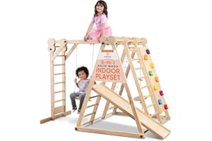 Avenlur 8-in-1 Indoor Play Gym – Toddler Jungle Gym for Kids Ages 2–6 – Indoor Playground Wooden Climbing Playset with Slide, Monkey Bars, Ladder, Rope Ladder, Rock Climbing, Swing, Rings, Disc Swing