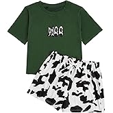 WDIRARA Women's Cartoon Cow Print Short Sleeve Tee and Shorts Pajama Set