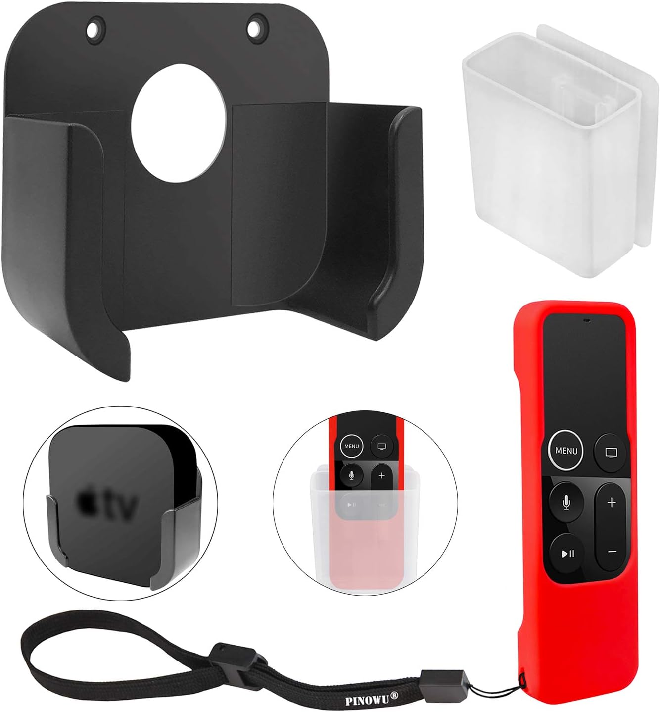 TV Mount and Universal Remote Holder Compatible with Apple TV 4th and 4K 5th Generation - Pinowu Wall Mount and Remote Protective Case for TV 4th Gen Siri Remote Control (Black+Clear+Red)