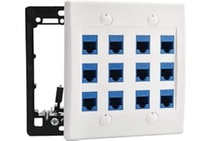 DIYTECH 12 Port Ethernet Wall Plate, Cat 6, Wall Outlet, RJ45 Female to Female Keystone Jacks - White