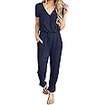 PRETTYGARDEN Women's Summer Casual Deep V Neck Short Sleeve Wrap Drawstring Waist Jumpsuit Romper