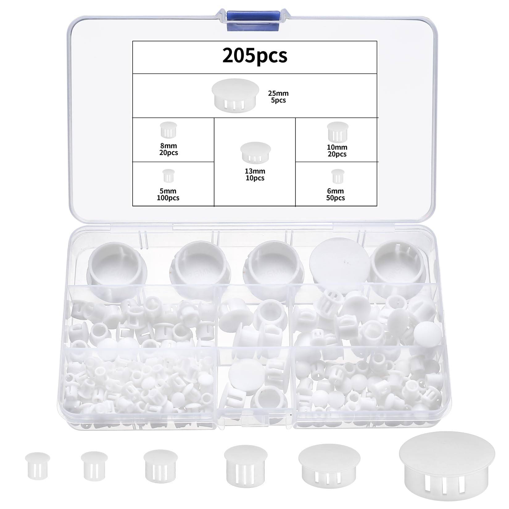 205 Pcs White Plastic Screw Hole Plugs Assorted, Snap-In Locking Screw Hole Covers for Walls, Round Plastic Plugs for Holes Fastener Covers for Furniture Holes Tube, 5mm 6mm 8mm 10mm 13mm 25mm