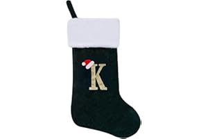 CRSTAFU Monogram Christmas Stockings Personalized, 20 Inches Family Initial Xmas Stockings, Super Soft White Plush Cuff with Deluxe Green Velvet Body and Gold Letter(K)