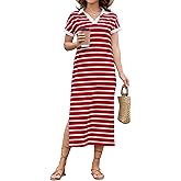 LOMON Women's Casual Vacation Dresses Striped Maxi Cruise Outfits Pocket Long Dress Summer Short Sleeve Split Dresses
