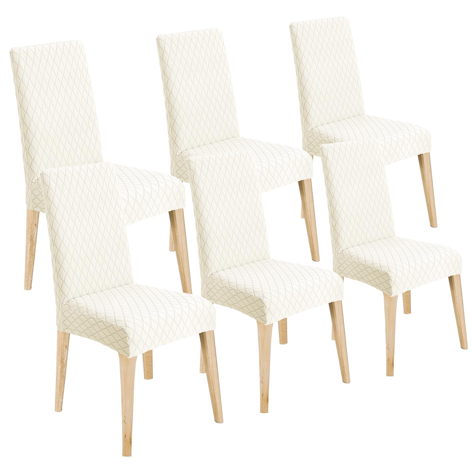 LANSHENG Dining Chair Covers Set of 6, Stretch Dining Chair Protector Slipcovers Jacquard, Elastic Removable Washable Chair Seat Cover for Dining Room Kitchen Banquet Restaurant Home (Beige, Set of 6)